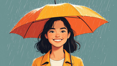 Happy Woman with Umbrella in Rainy Autumn Park – Flat Style Illustration for Weather Blog, Seasonal Mood Content or Positive Living Art - Kulkann75