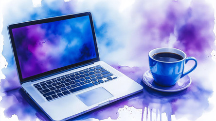 Lilac Watercolor Desk Scene with Laptop and Tea Cup – Cozy Remote Work Illustration for Lifestyle Blog, Home Office Decor or Slow Living Concept - Kulkann75