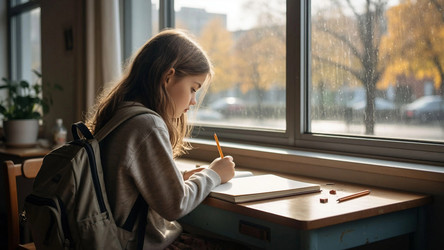 Young Schoolgirl Doing Homework at Desk by Sunny Window – Focused Education Scene for Student Lifestyle, Learning Ad or Parenting Blog - Kulkann75