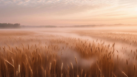 Wheat Field at Sunrise with Soft Fog – Gentle Rural Landscape for Wall Art, Print or Calm Nature Background - Kulkann75