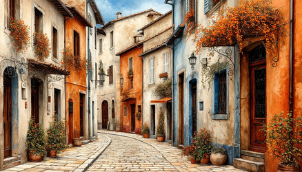 Summer Art Drawing of Old Europe Narrow Cozy Street – Warm Nostalgic Landscape for Travel Poster or Wall Decor Print - Kulkann75