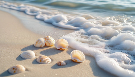 Pastel Pale Turquoise and Beige Seashells on Shore with Waves and Foam – Calm Coastal Art for Beach Decor or Spa Print - Kulkann75
