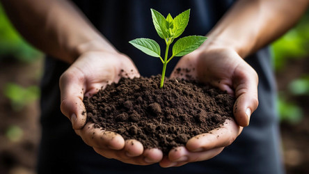 Hands Holding Seedling with Dirt – Hope and Nature for Earth Day Poster, Organic Branding or Environmental Awareness - Kulkann75