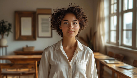 Confident Curly Haired Girl Sitting at Desk – Modern University Student for Learning, Diversity or Academic Campaign - Kulkann75