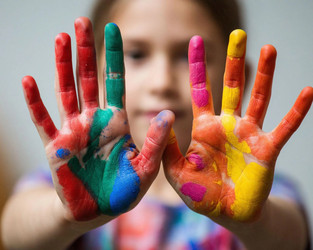 Child's Palms Covered in Colorful Paint – Messy Fun Creative Play for Parenting Blog, Art Class or Kids Activity Poster - Kulkann75