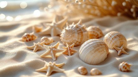 White and Beige Seashells on Sand – Minimalist Coastal Still Life for Spa, Summer or Beach Decor Print - Kulkann75