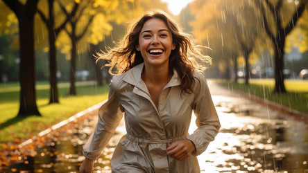 Happy Woman in Raincoat Walking in Park Under Rain – Joyful Rainy Day Mood for Lifestyle, Weather Content or Positive Emotional Stock - Kulkann75