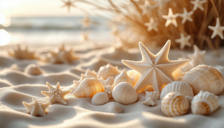 White and Beige Seashells on Sand – Minimalist Coastal Still Life for Spa, Summer or Beach Decor Print - Kulkann75