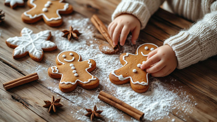 Child Hands and Gingerbread Man on Wooden Table Top View – Family Holiday Baking for Parenting Blog, Recipe Card or Christmas Ad - Kulkann75