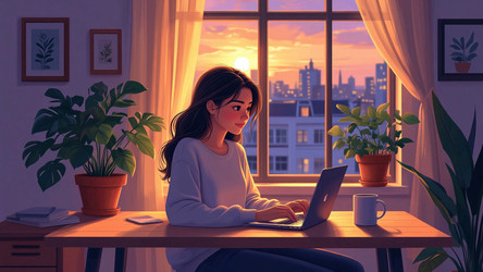 Poster Art of Girl Student Working on Laptop at Desk – Modern Education Illustration for Study Motivation, Classroom Decor or Online Learning Ad - Kulkann75