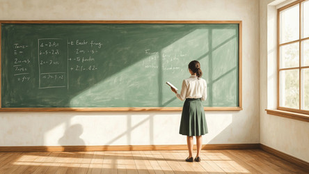 School Teacher at Large Green Chalkboard in Bright Classroom – Educational Illustration for Teaching Materials, School Brochure or Classroom Decor Poster - Kulkann75