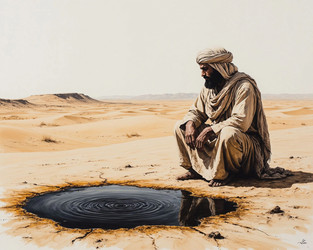 Bedouin in White Robe by Black Oil Puddle Before Discovery – Symbol of Future Wealth, Resource Conflict and National Prosperity - Kulkann75