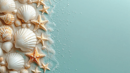 White Seashells on Pastel Blue Background with Copy Space – Coastal Minimalist Print for Spa, Summer or Beach Decor - Kulkann75