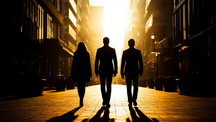 Backlit Crowd Walking in Downtown During Golden Hour – Dramatic Cityscape Silhouette for Social Media Banner, Branding or Poster Art - Kulkann75