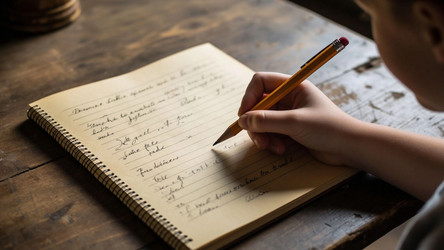 Hand Writing with Pencil in Old Parchment Notebook on Table – Vintage Journaling Scene for Diary, Letter or Storytelling Concept - Kulkann75