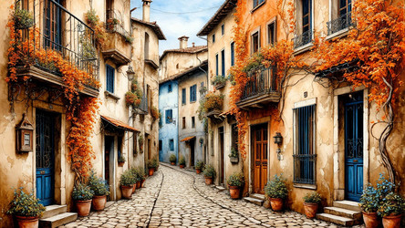 Summer Art Drawing of Old Europe Narrow Cozy Street – Warm Nostalgic Landscape for Travel Poster or Wall Decor Print - Kulkann75