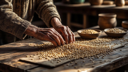 Elderly Hands Sorting Grains on Wooden Table – Traditional Manual Work for Heritage Editorial, Slow Living Concept or Nostalgic Food Scene - Kulkann75