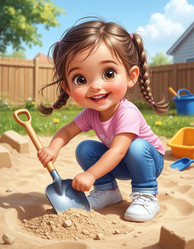 Плоский мультфильм о счастливой девочке-малышке, играющей в песочнице - милая детская иллюстрация для детского сада, игрушечного бренда или родительского блога - Kulkann75