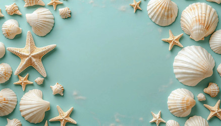 White Seashells on Pastel Blue Background with Copy Space – Coastal Minimalist Print for Spa, Summer or Beach Decor - Kulkann75