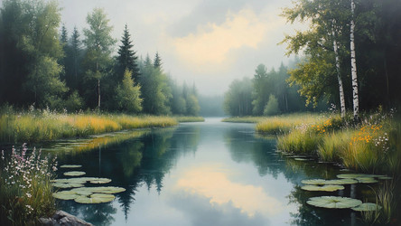 Summer Watercolor Landscape with River and Forest – Soft Nature Painting for Wall Art, Greeting Card or Calendar Print - Kulkann75