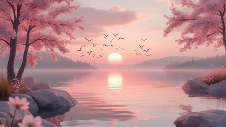 Pink Sunrise Light Over Calm Lake – Soft Atmospheric Poster for Bedroom, Meditation or Nature Wall Art - Kulkann75