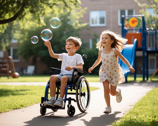 Boy in Wheelchair Playing with Girl Running Next to Him and Soap Bubbles – Inclusive Happy Childhood for Diversity Campaign, Disability Awareness or Friendship Editorial - Kulkann75
