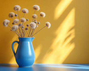Blue Jug with Dried Flowers Against Yellow Wall – Rustic Mediterranean Still Life for Boho Decor or Kitchen Print - Kulkann75