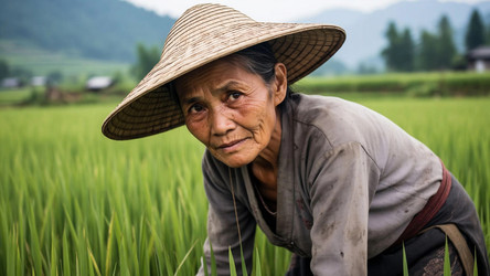 Elderly Asian Woman in Straw Hat Working in Rice Field Under Heat – Traditional Rural Labor for Documentary, Agriculture Editorial or Social Awareness - Kulkann75