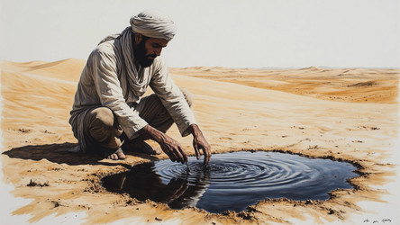 Bedouin in White Robe Sitting by Black Oil Puddle Before Discovery – Symbol of Future Middle East Wealth and Resource Conflict - Kulkann75