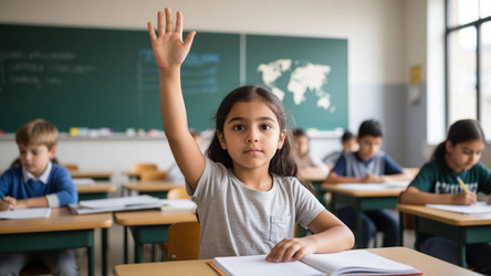 Schoolgirl Raising Hand at First Desk in Classroom – Active Elementary Student for Education, Learning or Back to School Concept - Kulkann75