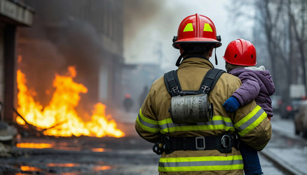 Firefighter Carrying Child from Catastrophe Site, Back View – Rescue Action in Extreme Heat for Emergency Response, Heroism or Breaking News Editorial - Kulkann75