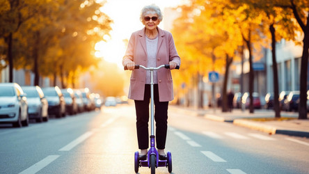 Active Senior Woman Riding Scooter in City at Sunset – Empowering Healthy Aging Concept for Lifestyle Ads, Mobility Branding or Positive Living Editorial - Kulkann75