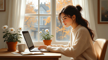 Focused Anime Female Studying at Night on Computer – Digital Art for Online Learning, Coding or Youth Productivity Content - Kulkann75