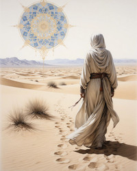 Middle Eastern Art of Woman in Traditional Dress Standing Between Desert and City – Cultural Print for Travel or Editorial Branding - Kulkann75