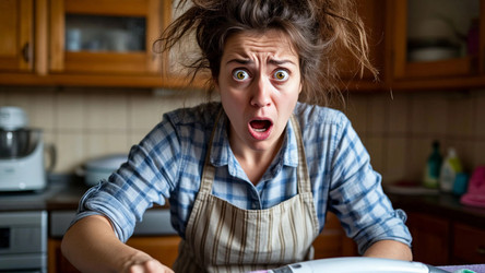 Disheveled Woman with Distorted Face Caught Badly While Cooking – Awkward Kitchen Fail for Humor or Lifestyle Blog - Kulkann75