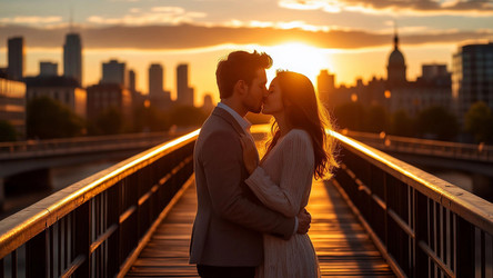 Romantic Couple Kissing on Bridge at Sunset in City – Love and Urban Evening Scene for Engagement Content, Valentine's Day Ads or Emotional Editorial - Kulkann75