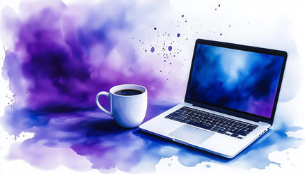 Lilac Watercolor Desk Scene with Laptop and Tea Cup – Cozy Remote Work Illustration for Lifestyle Blog, Home Office Decor or Slow Living Concept - Kulkann75