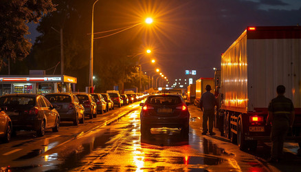 Long Line of Cars at Petrol Station After Dark – Crowded Night Refueling for News Article, Supply Issue Story or Street Lifestyle Photography - Kulkann75