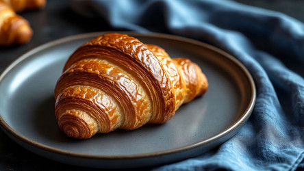 Croissant on Plate with Blue Napkin Nearby – Minimalist Breakfast Still Life for Cafe Menu or Food Blog - Kulkann75