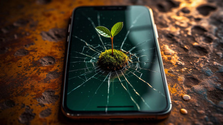 Cracked Smartphone with Falling Matcha Droplet and Green Moss – Gritty Tech Still Life for Editorial or Environmental Awareness - Kulkann75