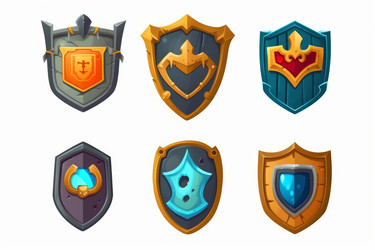 Новый набор иконок щита для игры в мультяшном стиле, изолированный на белом фоне. Генерация ИИ - yliv