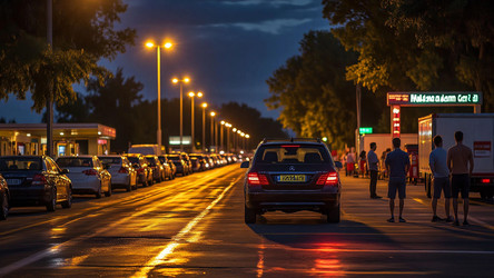 Long Line of Cars at Petrol Station After Dark – Crowded Night Refueling for News Article, Supply Issue Story or Street Lifestyle Photography - Kulkann75