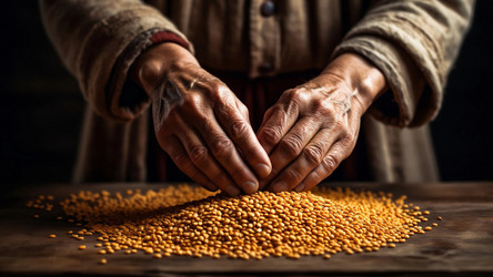 Elderly Hands Sorting Grains on Wooden Table – Traditional Manual Work for Heritage Editorial, Slow Living Concept or Nostalgic Food Scene - Kulkann75