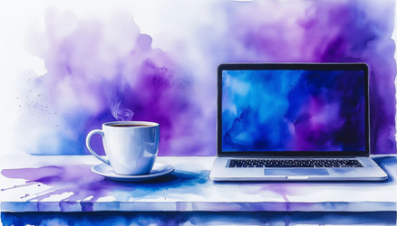 Lilac Watercolor Desk Scene with Laptop and Tea Cup – Cozy Remote Work Illustration for Lifestyle Blog, Home Office Decor or Slow Living Concept - Kulkann75