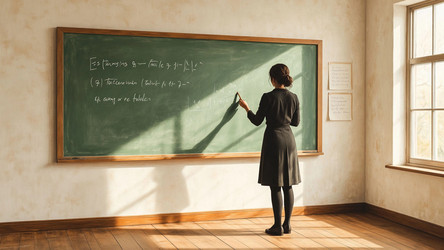 School Teacher at Large Green Chalkboard in Bright Classroom – Educational Illustration for Teaching Materials, School Brochure or Classroom Decor Poster - Kulkann75