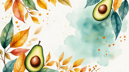 Blue and Orange Autumn Watercolor with Leaves and Avocado – Seasonal Copy Space for Fall Menu or Recipe Card - Kulkann75