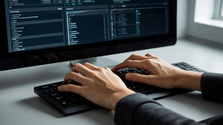 Male Hands Typing on Computer Keyboard – Focused Work Scene for Office, Coding, Remote Job or Technology Blog Concept - Kulkann75