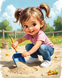 Flat Cartoon of Happy Toddler Girl Playing in Sandbox – Cute Childhood Illustration for Daycare, Toy Brand or Parenting Blog - Kulkann75