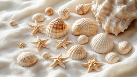 White and Beige Seashells on Sand – Minimalist Coastal Still Life for Spa, Summer or Beach Decor Print - Kulkann75