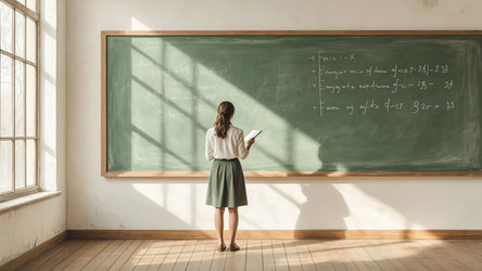 School Teacher at Large Green Chalkboard in Bright Classroom – Educational Illustration for Teaching Materials, School Brochure or Classroom Decor Poster - Kulkann75